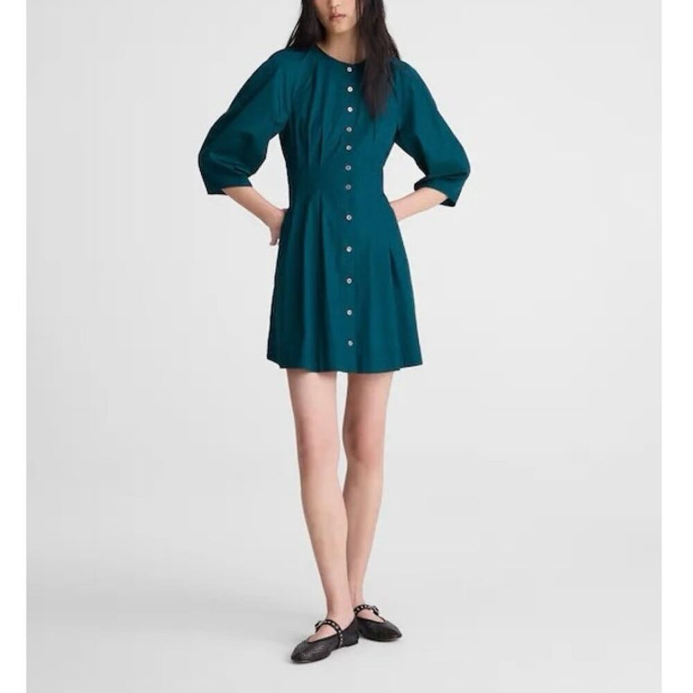 NWT Madewell Scuptural-Sleeve Pleated Poplin Mini Dress Midnight Spruce Size 00